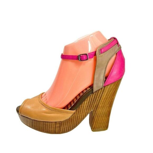 Splendid Nude Pink Platform Sandal Size 7.5 US Ankle Strap Faux Wood Chunky Heel - Picture 12 of 12
